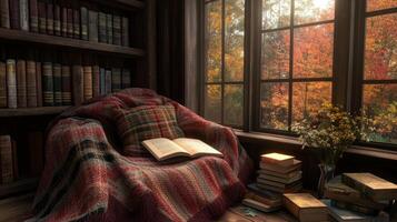 Cozy Reading Nook with Open Book and Autumn View Through Large Window in Rustic Library Setting photo