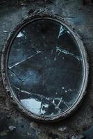 Antique Oval Mirror with Cracked Glass Reflecting a Mysterious Atmosphere photo