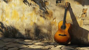 A guitar is leaning against a wall photo