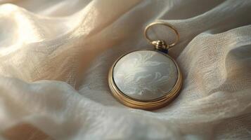 Elegant Vintage Pocket Watch Resting on Luxurious Silk Fabric photo