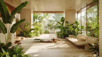 A large open living room with a lot of greenery and plants photo