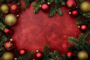 A red background with a green tree and gold and red balls photo