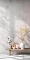 Minimalist Interior Design with Decorative Vases and Natural Light on Rustic Wooden Shelf photo