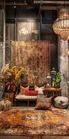 Boho-industrial display stage featuring bohemian accents photo