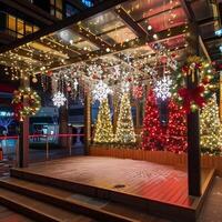 A Christmas tree with lights and a wreath on it photo