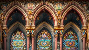 Copy space with a beautiful stained glass window depicting religious motifs photo