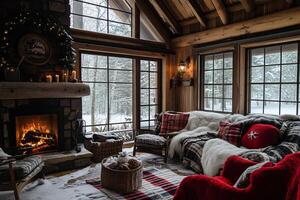 A cozy living room with a fireplace and a red and white blanket on the couch photo
