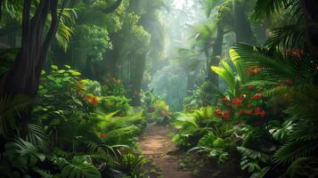 Dense rainforest with vibrant flora. photo
