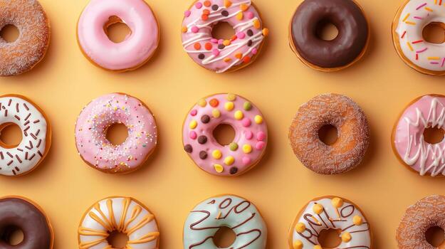 Colorful Assorted Donuts with Various Toppings Arranged on a Vibrant Orange Background in a Pattern photo