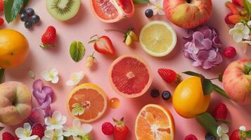 Elevated shot showcasing the vibrant colors and textures of spring fruits photo