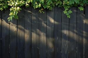 Sunlit Wooden Fence with Green Ivy Leaves Casting Shadows photo