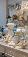 Elegant Coastal Home Decor Display with White and Gold Accents photo