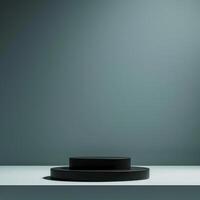 A sleek black pedestal set against a gray backdrop photo