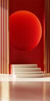 Modern Minimalist Interior with Red and Gold Accents Featuring Circular Design and White Steps photo