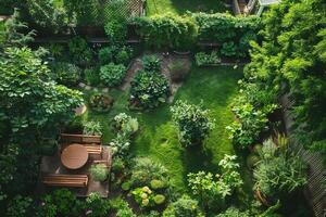 Lush Green Backyard Garden with Wooden Furniture and Pathway photo