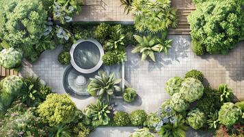 Aerial View of Modern Courtyard Garden with Lush Greenery photo