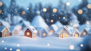 Cozy Snow-Covered Village with Illuminated Houses and Falling Snowflakes on a Winter Evening photo
