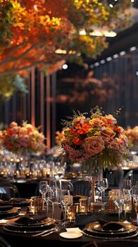 A banquet hall with tables set up for a dinner party photo
