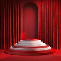 A striking red stage with layered steps and curtains photo