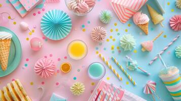 Colorful Pastel Party Table with Sweets, Drinks, and Decoration photo