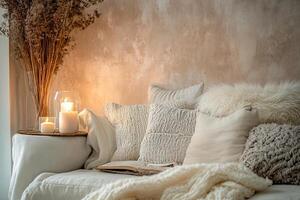 A cozy living room with a white couch and a few white pillows photo