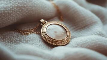 A gold necklace with a round pendant is on a white cloth photo