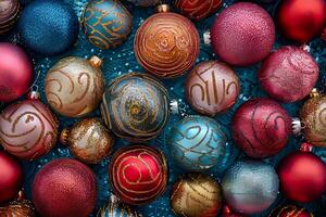 Vibrant Collection of Colorful Christmas Ornaments on a Textured Blue Background photo