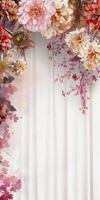 Elegant Event Backdrop with Colorful Drapes and Floral Arrangements photo