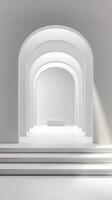 Minimalist White Interior with Arched Doorways and Soft Lighting photo