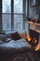 Cozy Winter Reading Nook with Fireplace and Large Windows photo