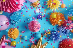 Colorful celebration background decorated with festive motifs and playful props photo
