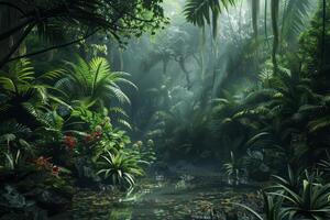 Conceptual rainforest scene with surreal elements. photo