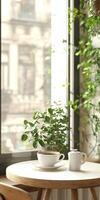 Cozy Urban Cafe Corner with Sunlit Greenery and Coffee on a Wooden Table photo