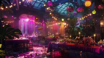 Dynamic 3D view featuring a festive party setup with vibrant decorations photo