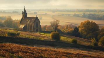 Elevated viewpoint offering a panoramic vista of a rural church photo