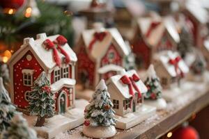 Festive Miniature Christmas Village with Snow-Covered Houses and Decorated Trees on Display photo