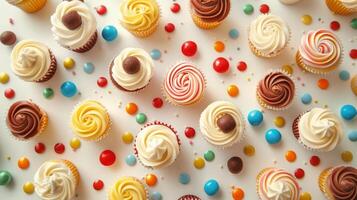 Flat lay of a kids' party table with cupcakes and candies photo
