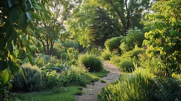 Lush Green Garden Pathway with Sunlight Filtering Through Trees photo