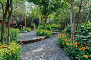 Serene Modern Garden with Curved Wooden Pathway and Vibrant Flowers photo