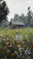 A small house is in a field of flowers photo