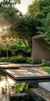 Tranquil Modern Garden with Minimalist Architecture and Lush Greenery at Sunset photo