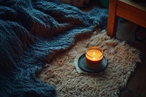 Cozy Atmosphere with Lit Candle on Fluffy Rug and Soft Blanket in a Warm, Inviting Home Setting photo