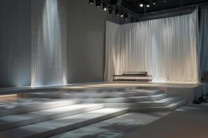 Elegant Modern Stage Setup with White Drapes photo