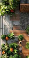 Aerial View of Modern Zen Garden with Wooden Deck photo