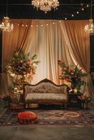 Elegant Vintage Living Room with Floral Arrangements and Draped Curtains photo