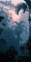 Silhouette of dense rainforest canopy at dusk. photo