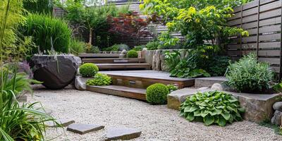 Modern Zen Garden with Wooden Decking photo