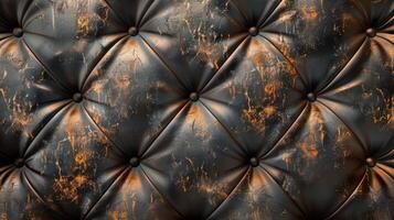 A black leather couch with a worn and tattered appearance photo
