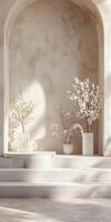 elegante minimalista interior con decorativo floración ramas en neutral tonos foto