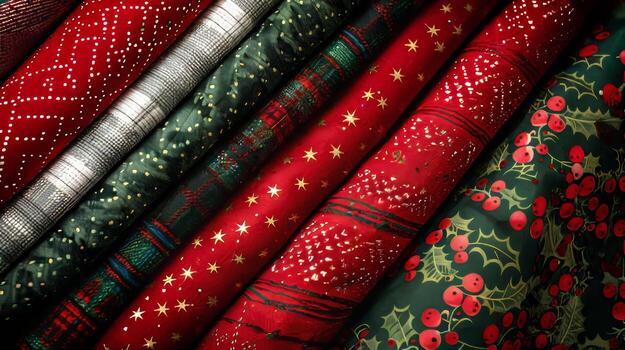 Festive Holiday Wrapping Paper Rolls with Vibrant Red and Green Patterns photo